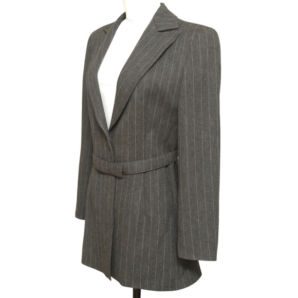 EMPORIO ARMANI Blazer Jacket Pinstripe Button Grey Collar Belt Long Sleeve Sz 40 - Picture 3 of 7